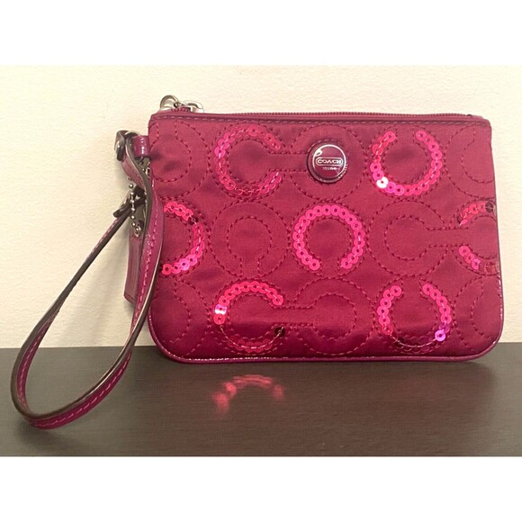 COACH Dark Pink Small Wristlet Wallet Card ID Coin Purse C Logo Sequined - Picture 1 of 10